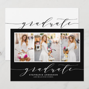 Dainty Script Three Photo Black Graduation Party Invitation