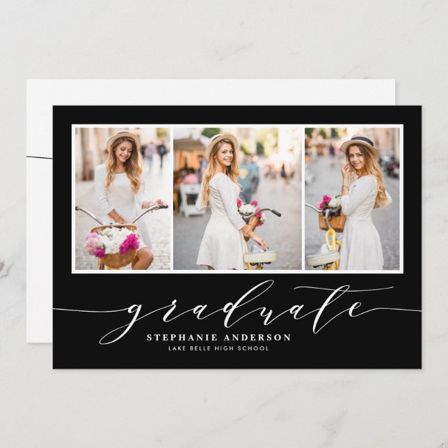 Dainty Script Three Photo Black Graduation Party Invitation (Front/Back)