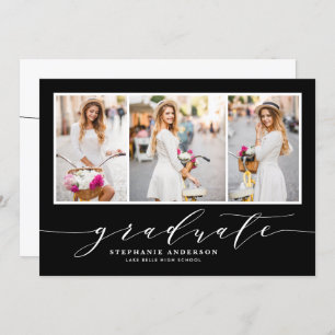 Dainty Script Three Photo Black Graduation Party Invitation