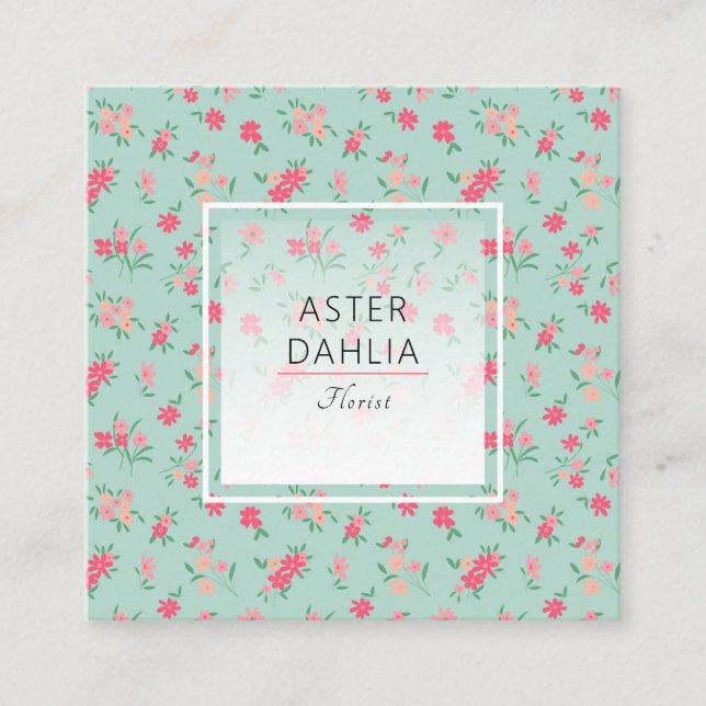 Dainty Teal Pink Tiny Flowers Square Business Card (Front)