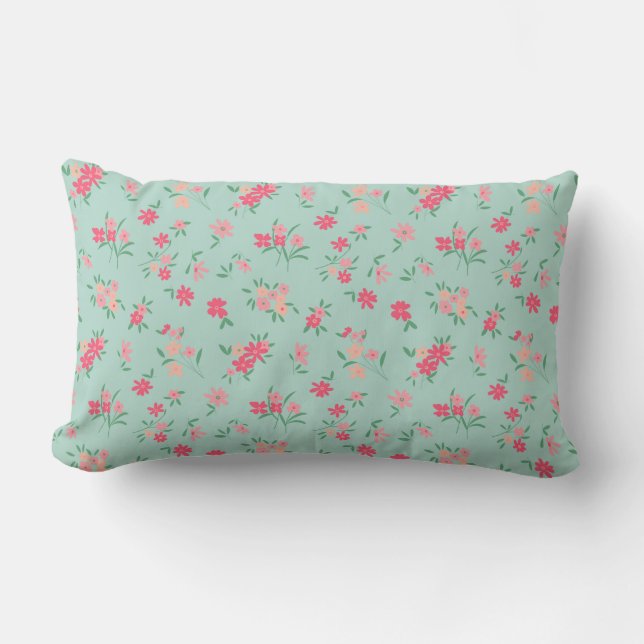  Dainty Teal Shades Pink Flowers Lumbar Cushion (Front)