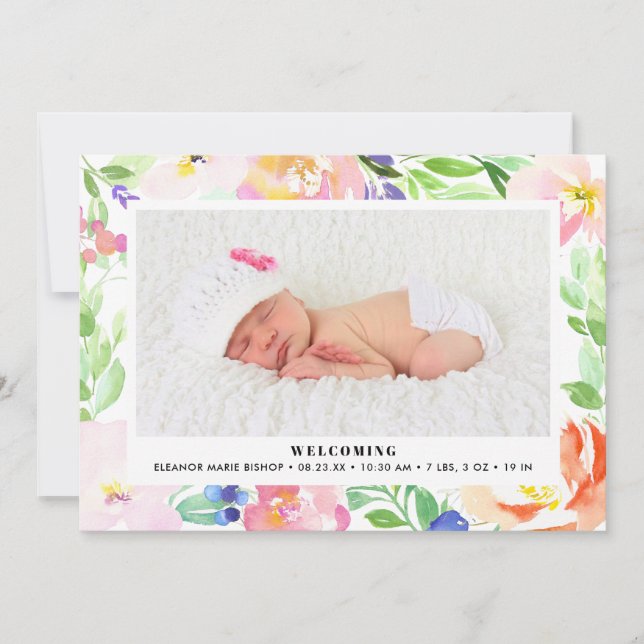 Dainty Watercolor Floral Frame Birth Announcement (Front)