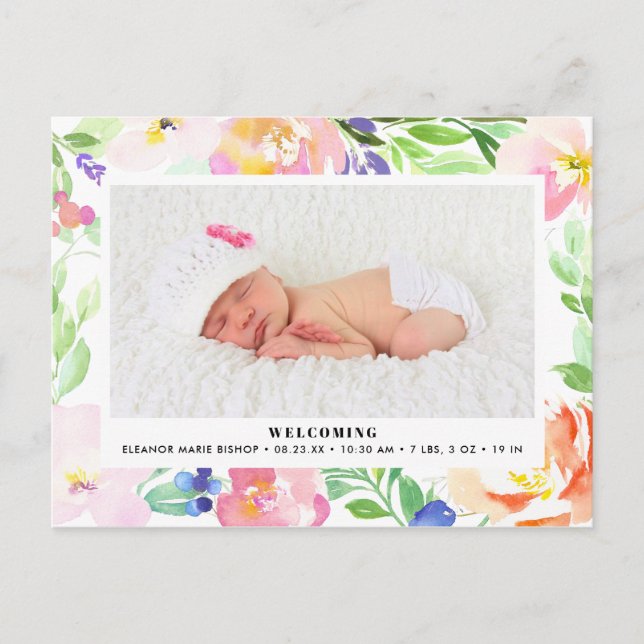 Dainty Watercolor Floral Frame Birth Announcement Postcard (Front)