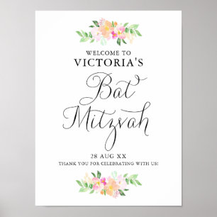 Dainty Watercolor Florals Bat Mitzvah Welcome Sign