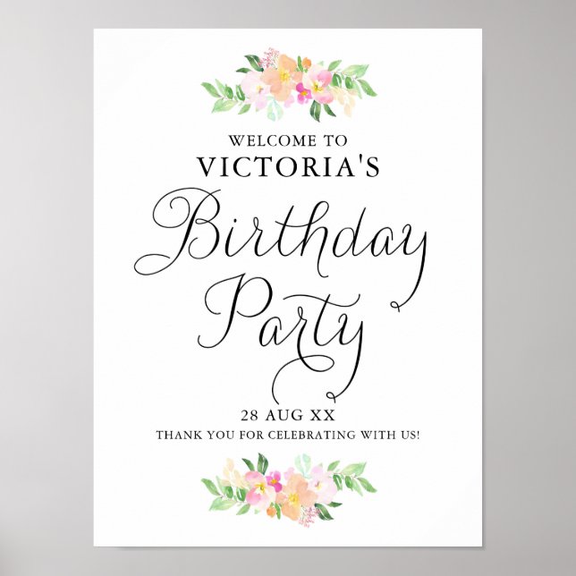 Dainty Watercolor Florals Birthday Party Welcome Poster (Front)