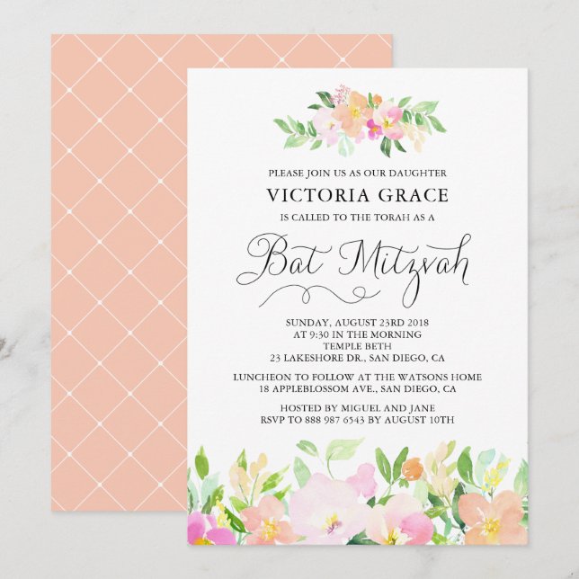 Dainty Watercolor Flowers Bat Mitzvah Invitation (Front/Back)