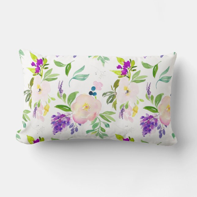 Dainty Watercolor Flowers | Peonies and Wisterias Lumbar Cushion (Front)