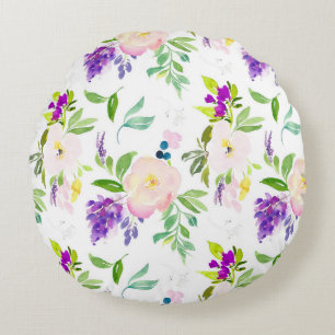 Dainty Watercolor Flowers   Peonies and Wisterias Round Cushion