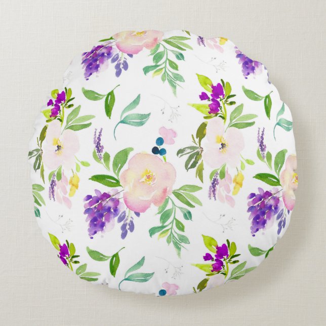 Dainty Watercolor Flowers | Peonies and Wisterias Round Cushion (Front)