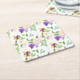 Dainty Watercolor Flowers Peonies and Wisterias Square Paper Coaster