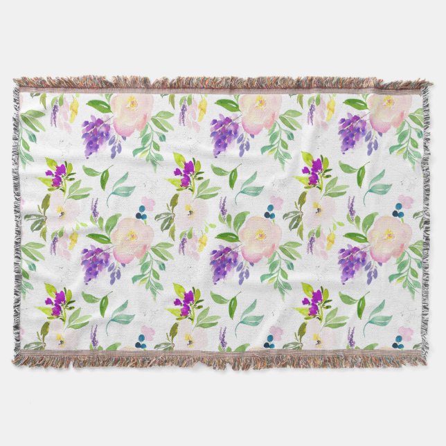Dainty Watercolor Flowers | Peonies and Wisterias Throw Blanket (Front)