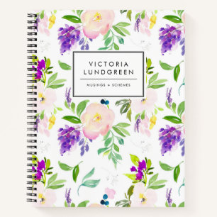 Dainty Watercolor Peony & Wisteria Floral Pattern Notebook