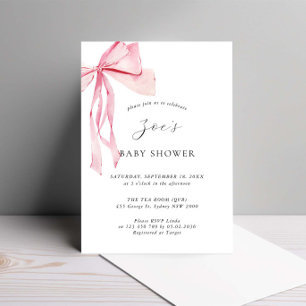 Dainty Watercolor Pink Bow Baby Shower Invitation