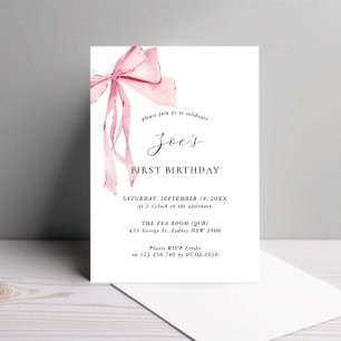 Dainty Watercolor Pink Bow First Birthday Invitation