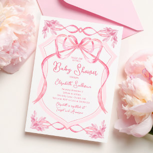 Dainty Watercolor Pink Ribbon Baby Shower Invitation