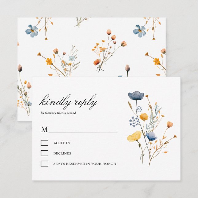 Dainty Wild Flower Florals Rustic Boho Wedding RSVP Card (Front/Back)