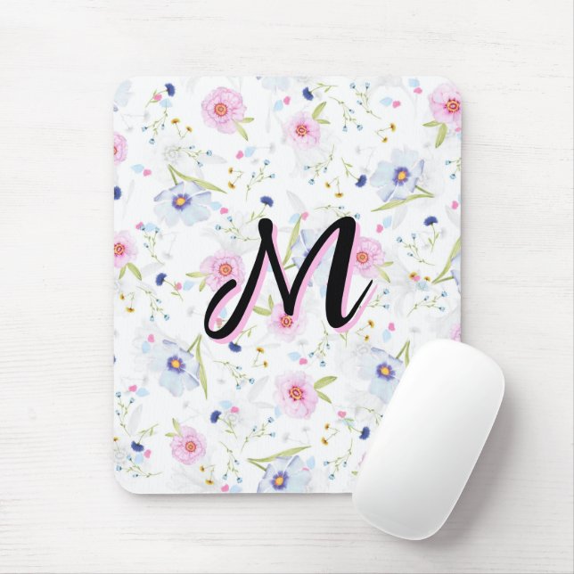 Dainty Wildflower Script Monogram M Coquette Mouse Mat (With Mouse)