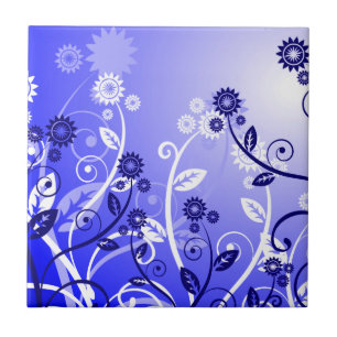 Dainty Wildflowers & Swirly Vines Purple Blue Tile