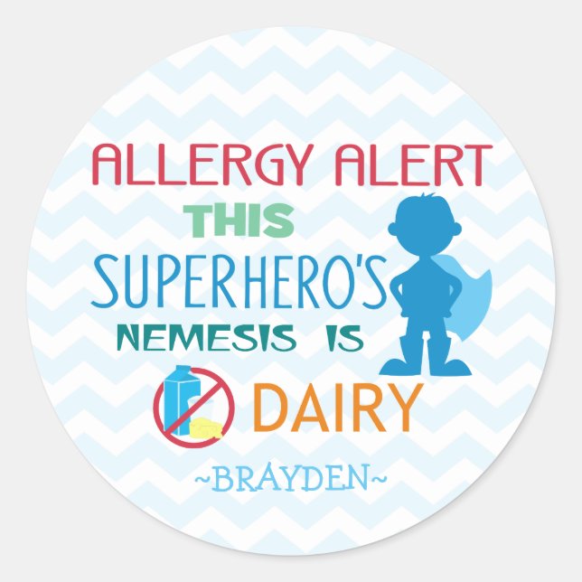 Dairy Allergy Alert Superhero Boy Blue Chevron Classic Round Sticker (Front)