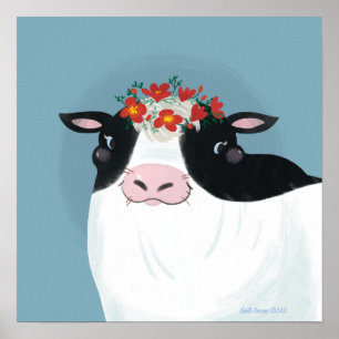 Dairy Cow and Red Flower Crown Poster