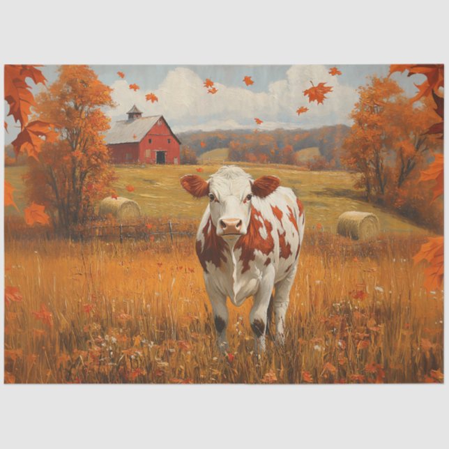 Dairy Cow Autumn Farm Landscape Decoupage Tissue Paper (Front)