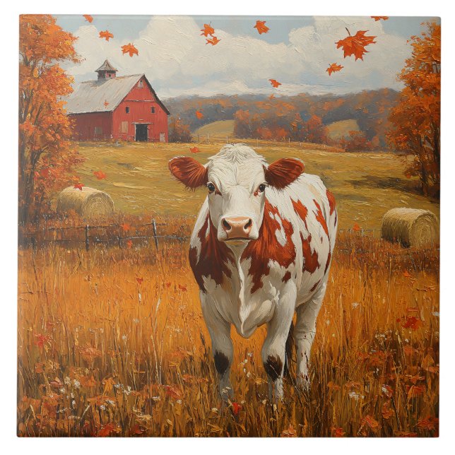 Dairy Cow Autumn Farm Landscape Tile (Front)