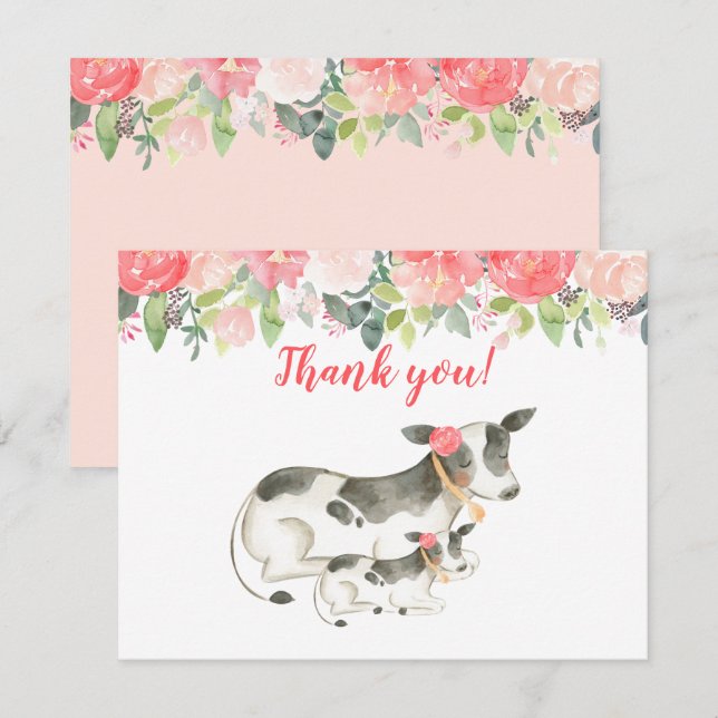 Dairy Cow Floral Peony Thank you notes Invitation (Front/Back)