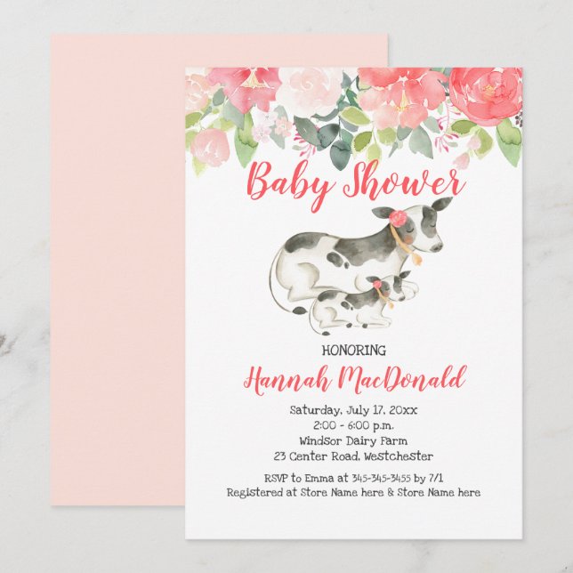Dairy Cow Floral Pink Coral Baby Shower Invitation (Front/Back)