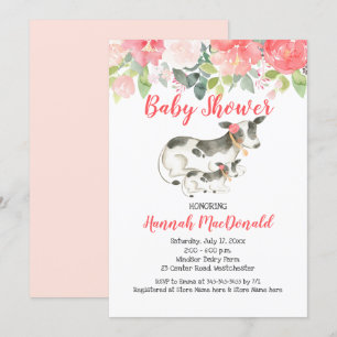 Dairy Cow Floral Pink Coral Baby Shower Invitation
