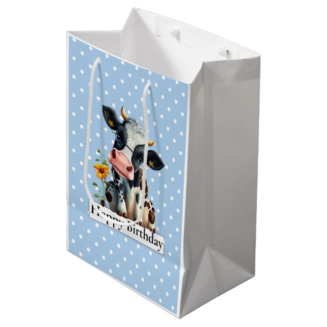 Dairy Cow Happy Birthday Blue  Medium Gift Bag (Front Angled)