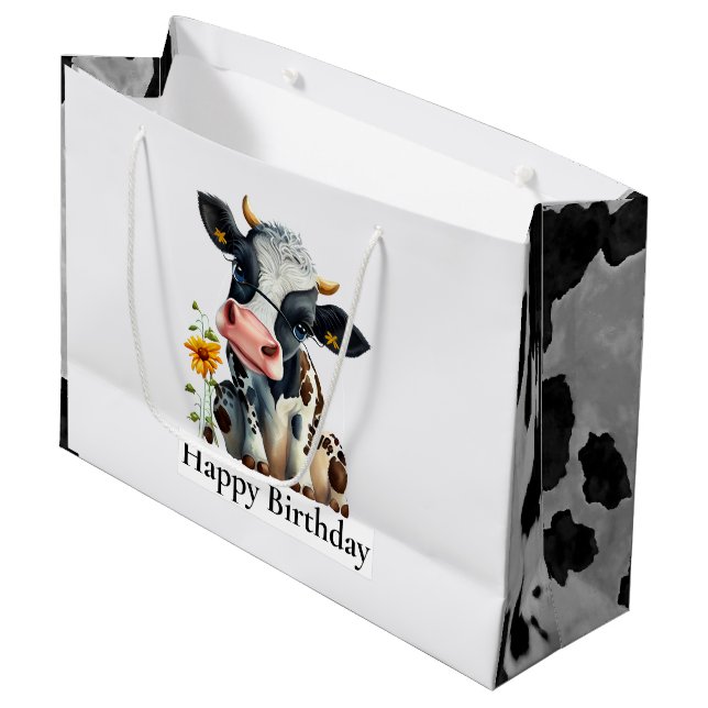 Dairy Cow Happy Birthday White Large Gift Bag (Front Angled)