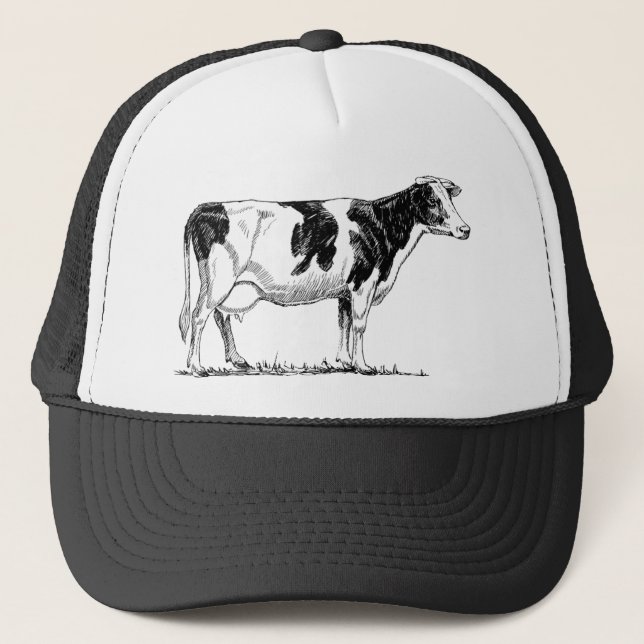 Dairy Cow Holstein Fresian Pencil Drawing Trucker Hat (Front)