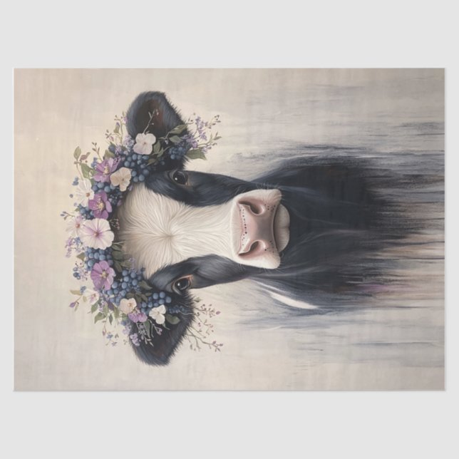 Dairy Cow Purple Flower Crown Decoupage Tissue Paper (Front)