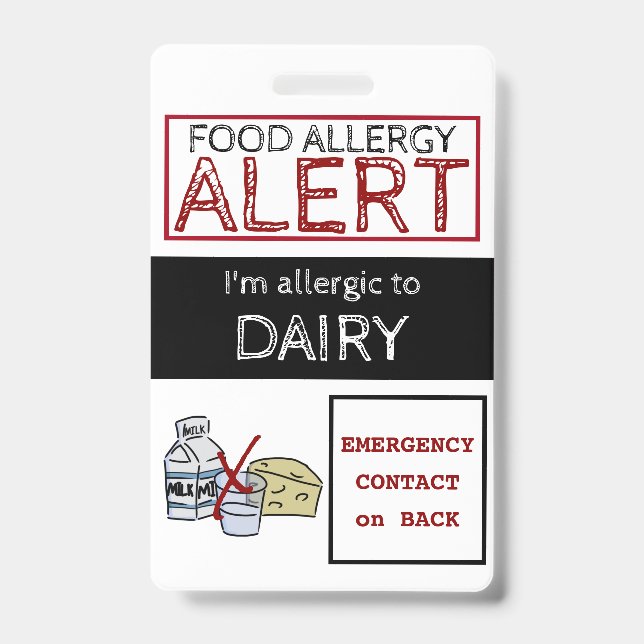 Dairy Food Allergy Alert Label ID Badge (Front)