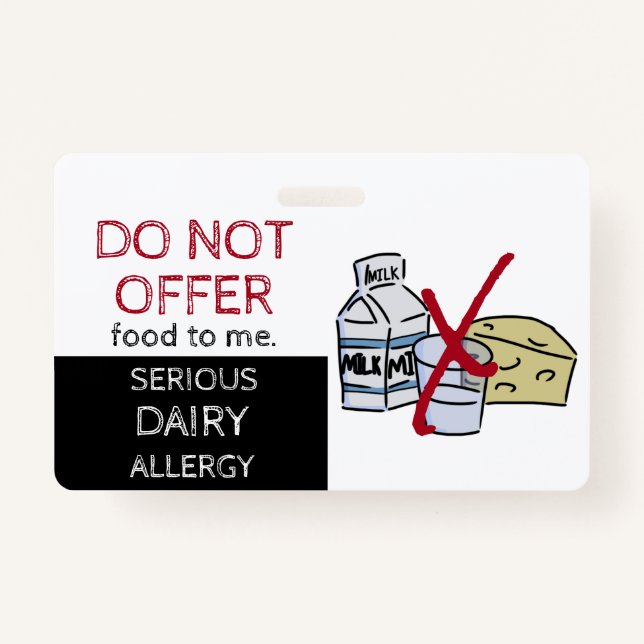 Dairy Food Allergy Alert Label ID Badge (Front)