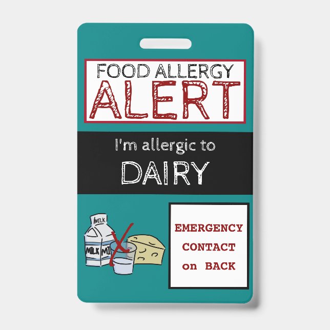 Dairy Food Allergy Alert Teal Label ID Badge (Front)