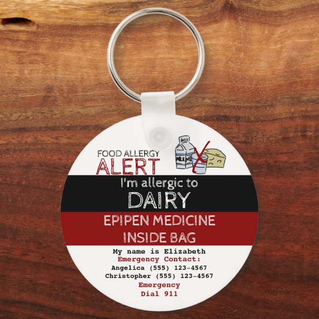 Dairy Food Allergy Medicine Alert Tag Key Ring (Back)
