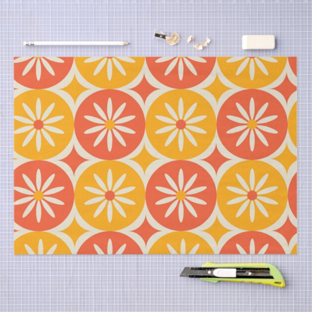 Daises and Atomic stars on Orange Yellow circles  Tissue Paper (Craft)