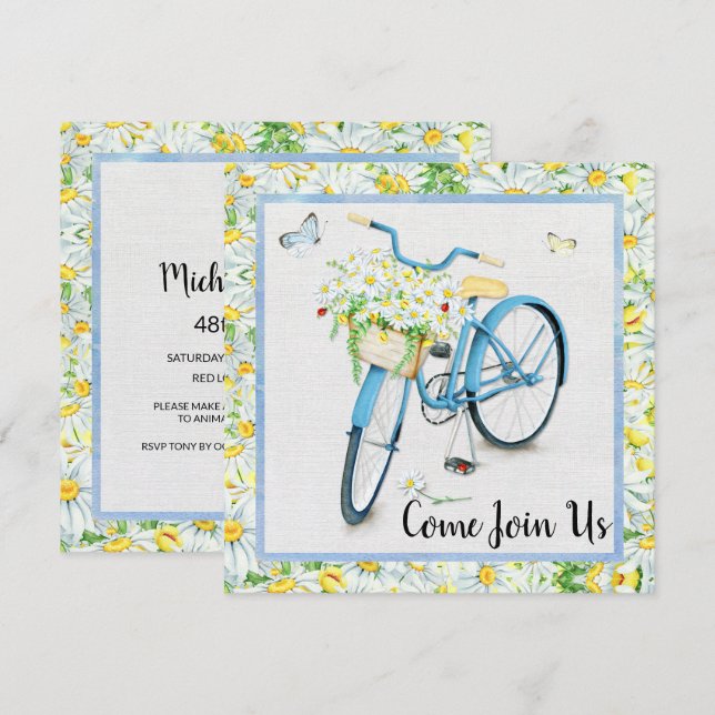 Daises & Blue Bicycle Birthday Party Invitation (Front/Back)