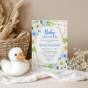 Daisies and Blue Flowers Gold Frame Baby Shower Invitation