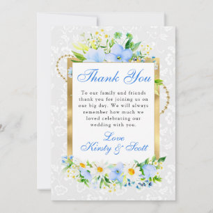 Daisies and Blue Flowers Gold Frame Wedding Thank You Card
