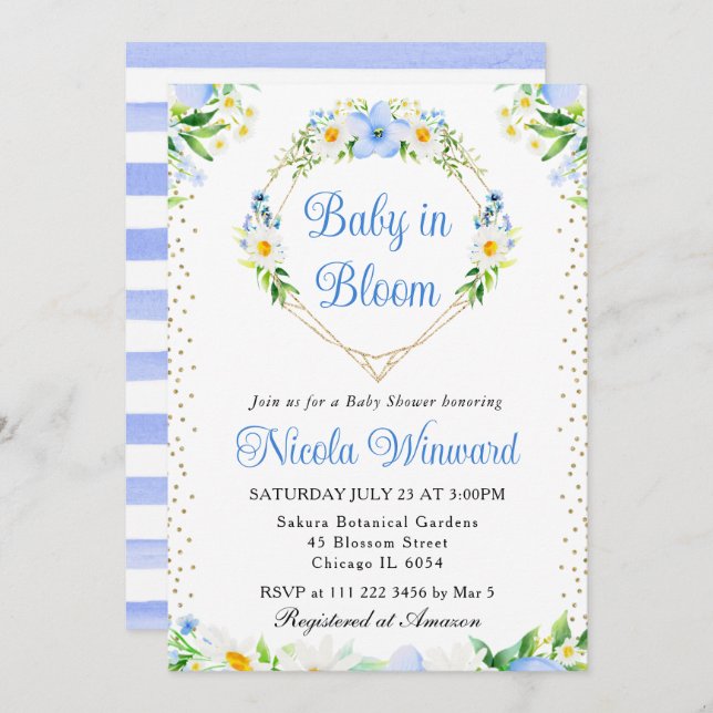Daisies and Blue Flowers Heart Wreath Baby Shower Invitation (Front/Back)