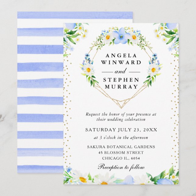 Daisies and Blue Flowers Heart Wreath Wedding Invitation (Front/Back)