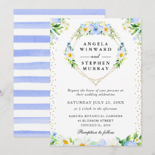 Daisies and Blue Flowers Heart Wreath Wedding Invitation