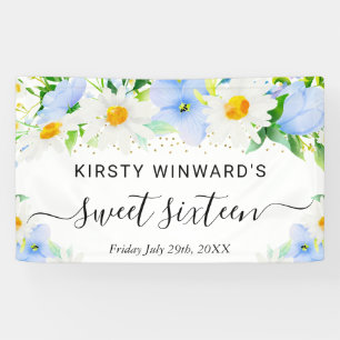 Daisies and Blue Flowers Sweet 16 Welcome Banner