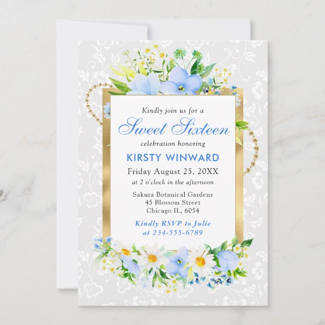 Daisies and Blue Summer Flowers Gold Foil Sweet 16 Invitation (Front)