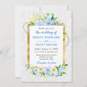 Daisies and Blue Summer Flowers Gold Foil Wedding Invitation