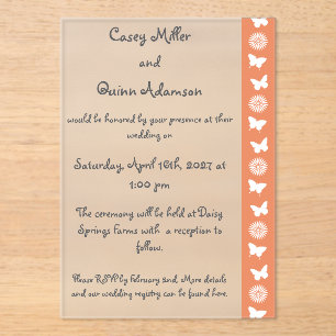 Daisies and Butterflies in Coral Acrylic Wedding  Invitations
