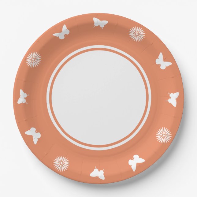 Daisies and Butterflies in Coral Paper Plate (Front)
