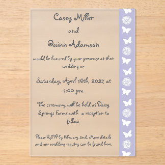 Daisies and Butterflies in Lavender Wedding Acrylic Invitations